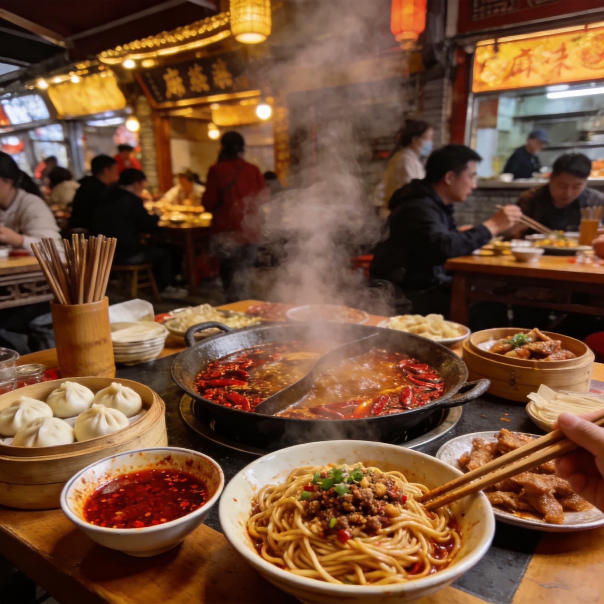 A table of Sichuan street foods in Chengdu