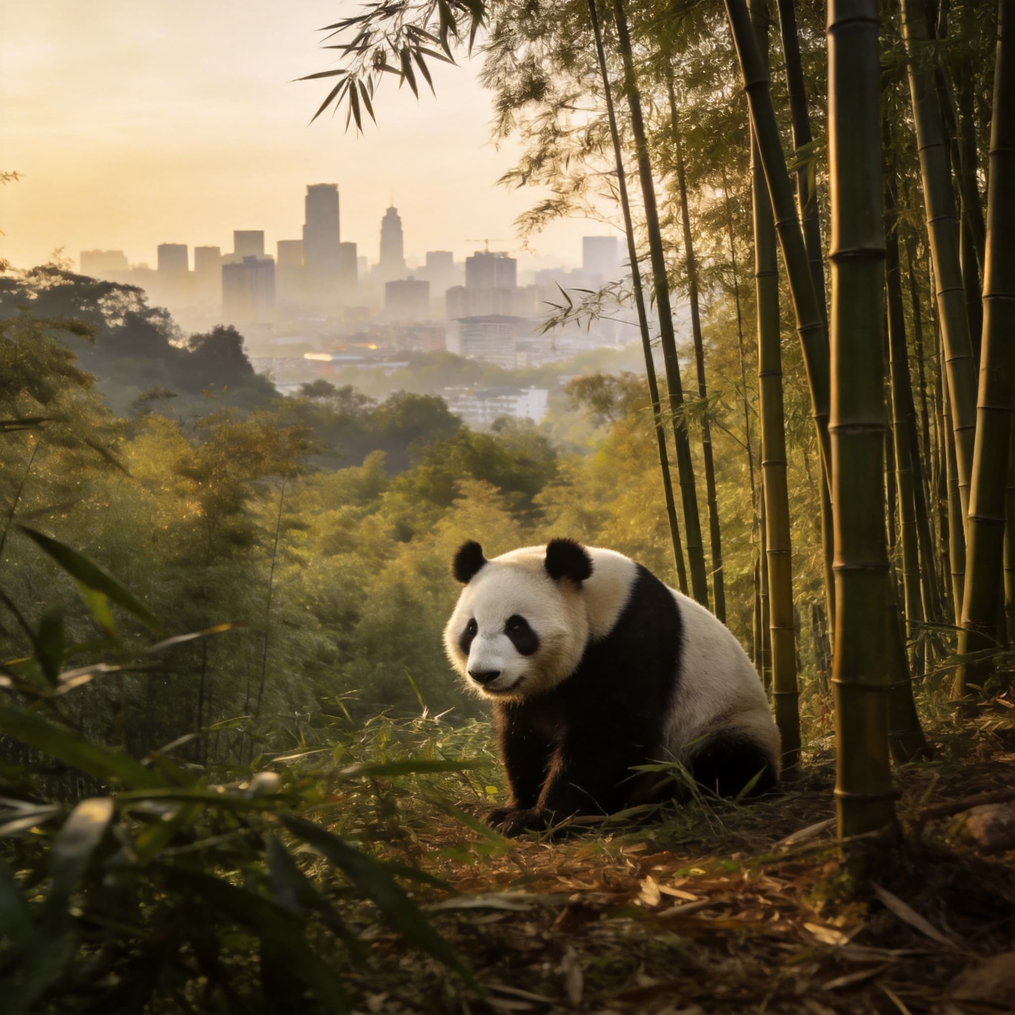 A giant panda in a bamboo habitat in Chengdu