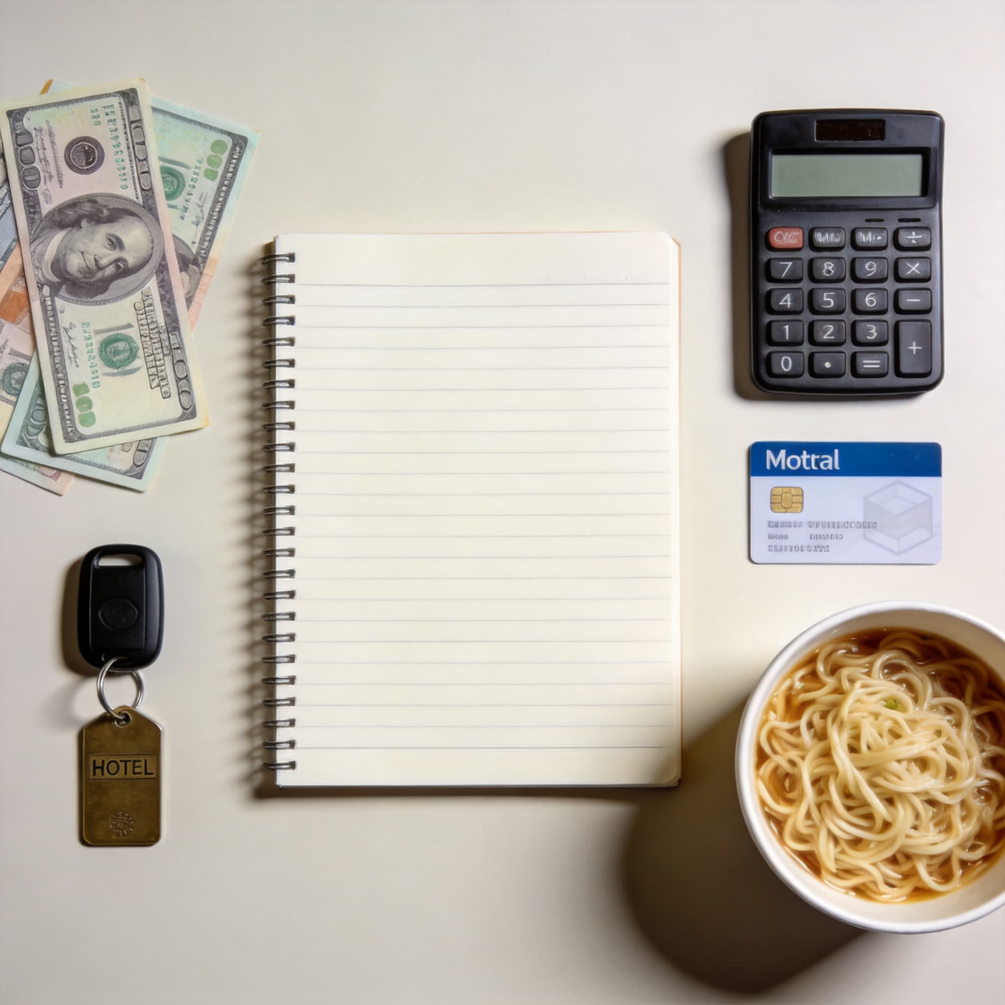 Chinese currency, a travel notebook, and trip-planning essentials