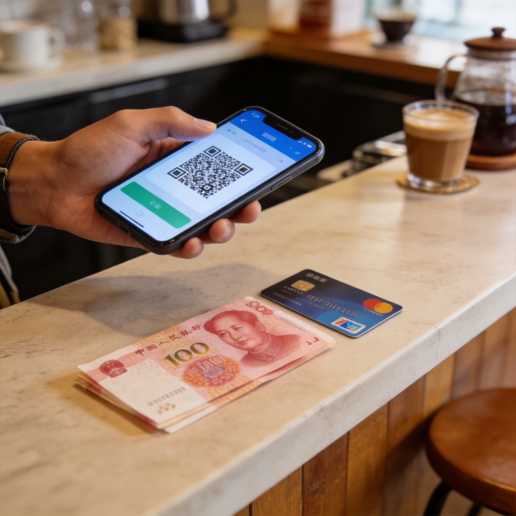 A traveler using a mobile payment app at a shop in China