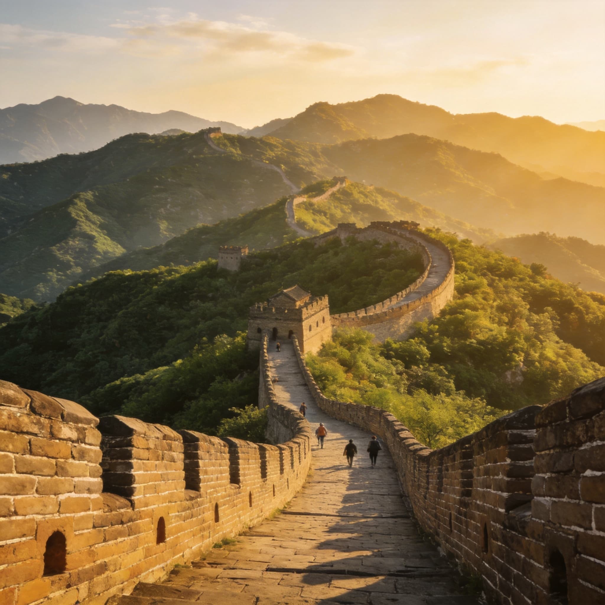 The Great Wall winding across green mountain ridges