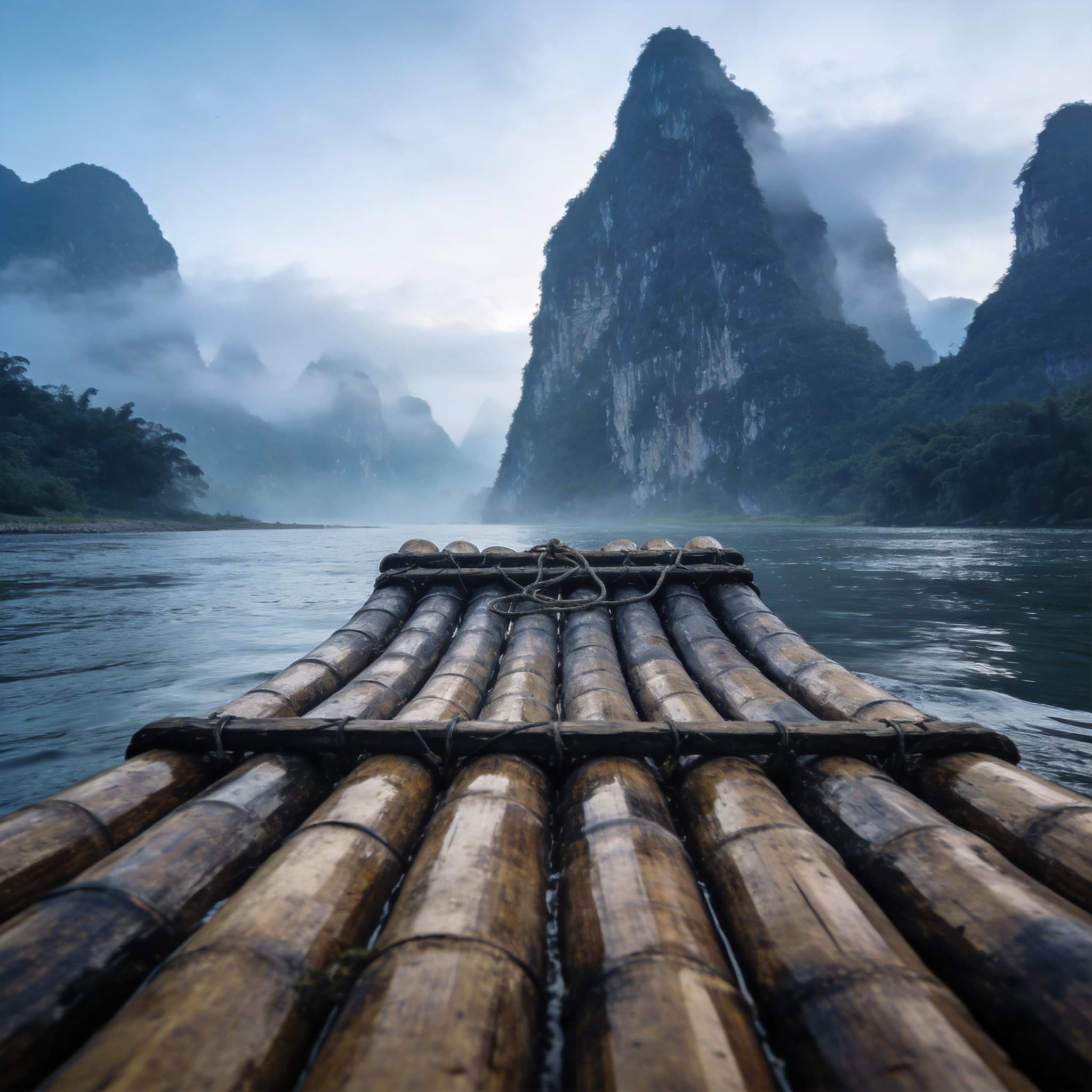 A bamboo raft on the Li River beneath Yangshuo karst peaks