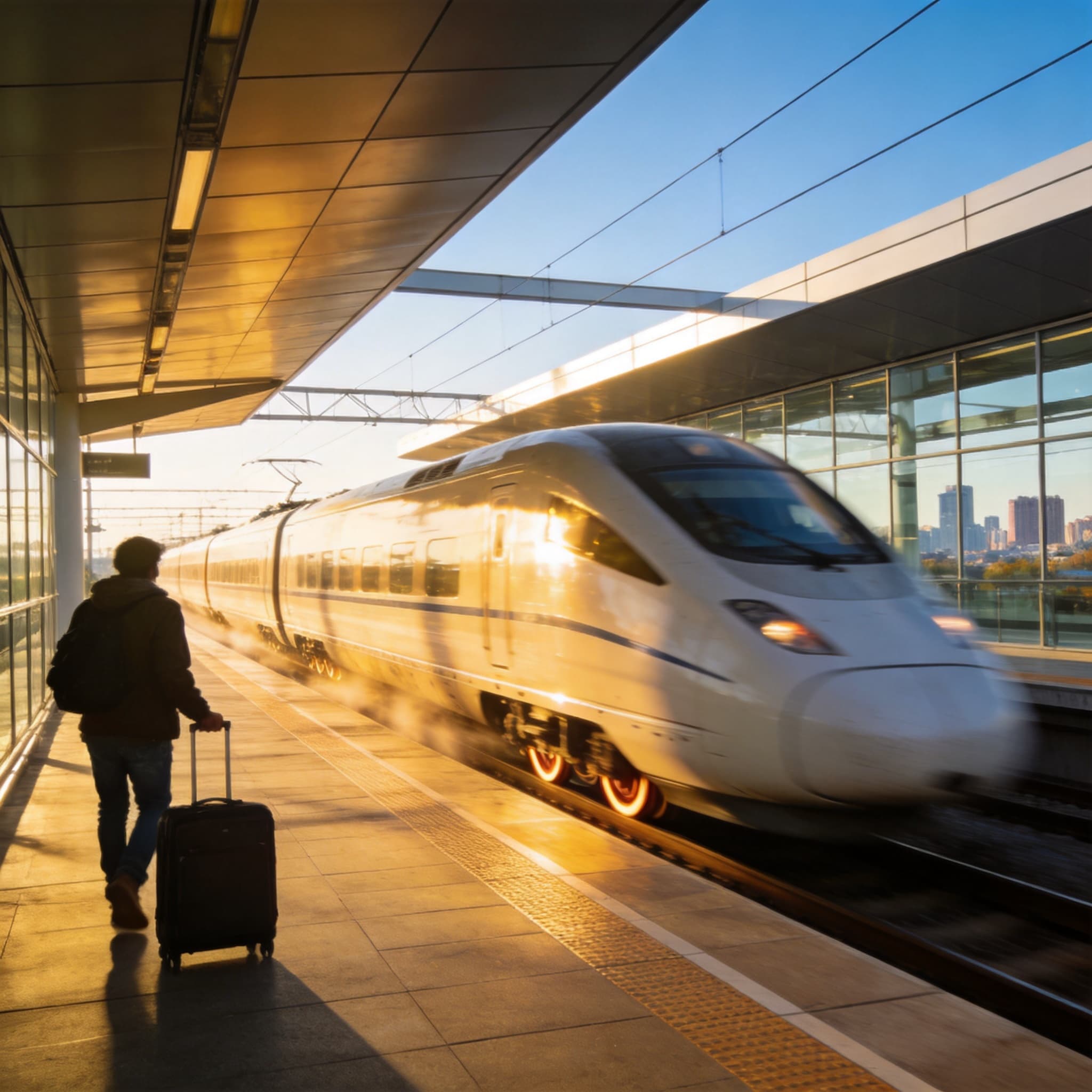 A high-speed train traveling through the Chinese countryside