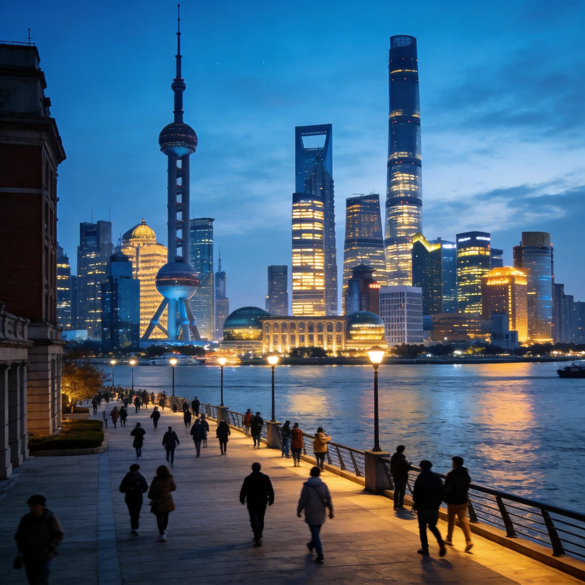 The Bund and Pudong skyline in Shanghai at blue hour