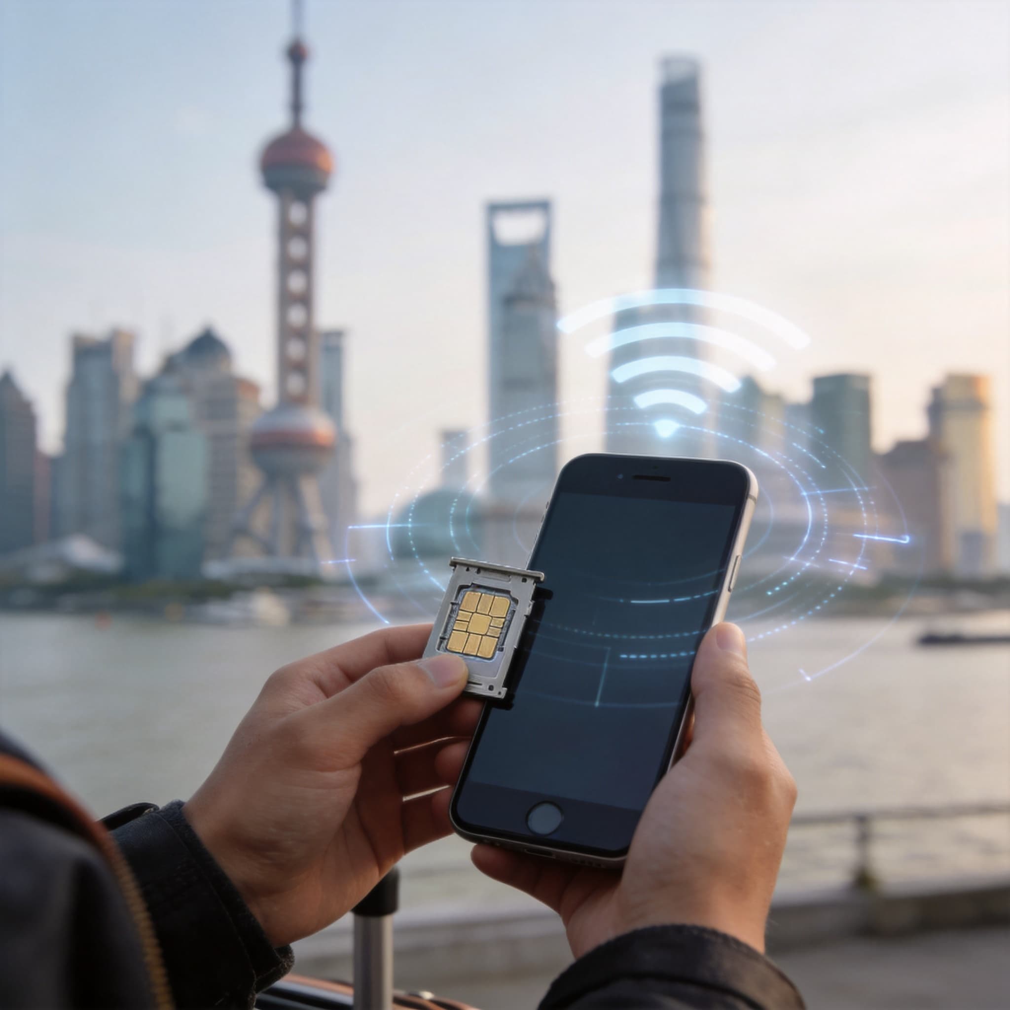 SIM cards and a smartphone prepared for a trip to China
