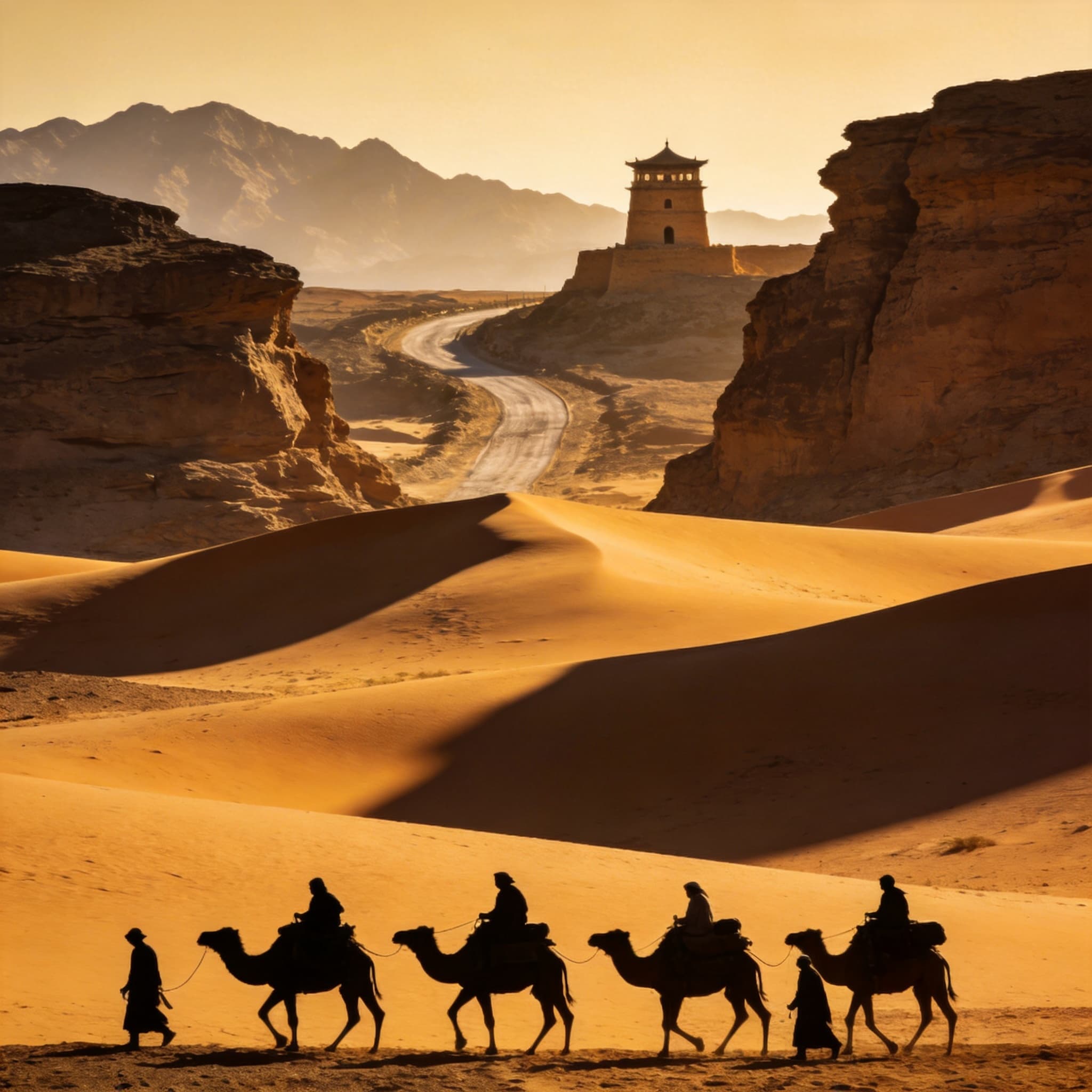 A caravan crossing desert dunes along China’s historic Silk Road